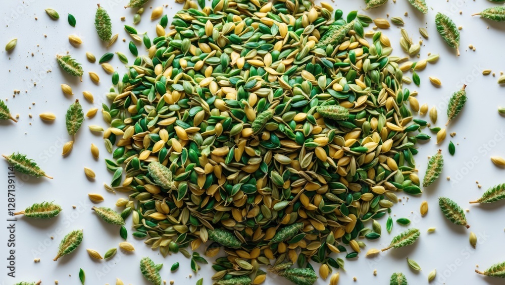 Poster nutrient-rich hemp seeds scattered on a white surface showcasing their vibrant colors and textures i