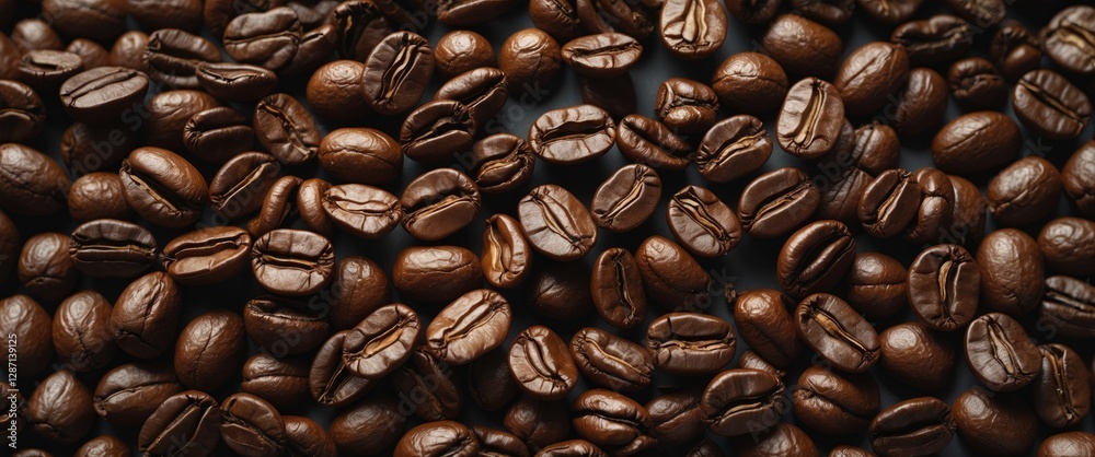 Poster Scattered roasted coffee beans in various shapes and textures creating a rich and inviting coffee background suitable for culinary themes.