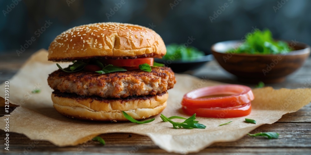 Poster Homemade Fried Pork Hamburger on Rustic Paper with Fresh Ingredients and Empty Space for Text or Branding in Culinary Concept