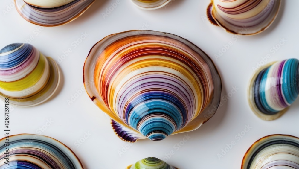 Poster Macro image of multicolored clam mollusc shells arranged on a white background showcasing their vibrant striped patterns and intricate details.