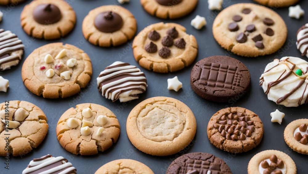 Aufkleber Assorted delicious cookies displayed on a dark background showcasing various textures and toppings ideal for baking and culinary themes.