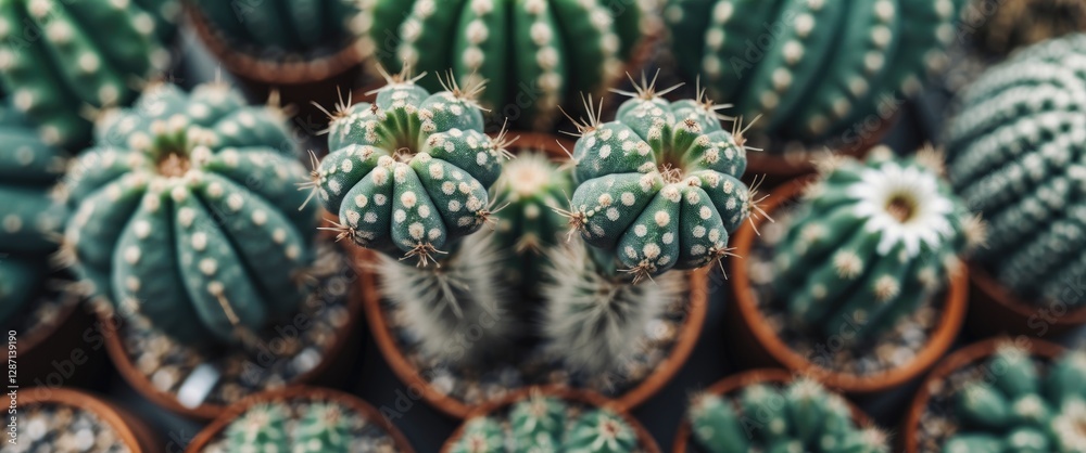 Fototapete close up of vibrant cacti in pots with thorns and unique patterns against a soft focus background fo