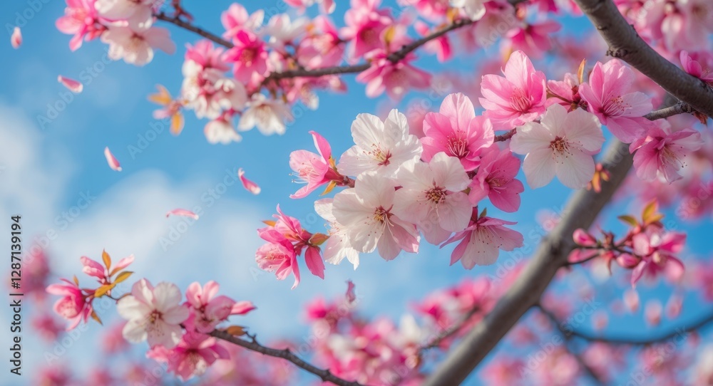 Poster cherry blossom tree in full bloom against a clear sky with soft pink and white flowers and copy spac