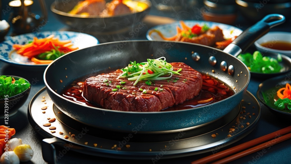 Poster beef cooking on steel pan surrounded by colorful korean dishes with empty space for text in a culina