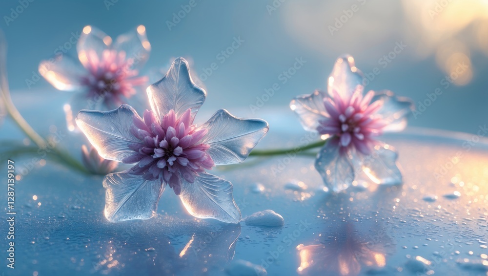 Aufkleber delicate ice flowers on glass surface showcasing intricate textures and soft pastel hues, creating a
