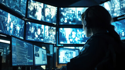 Woman monitoring multiple screens in a dark room with advanced surveillance and data analysis technology