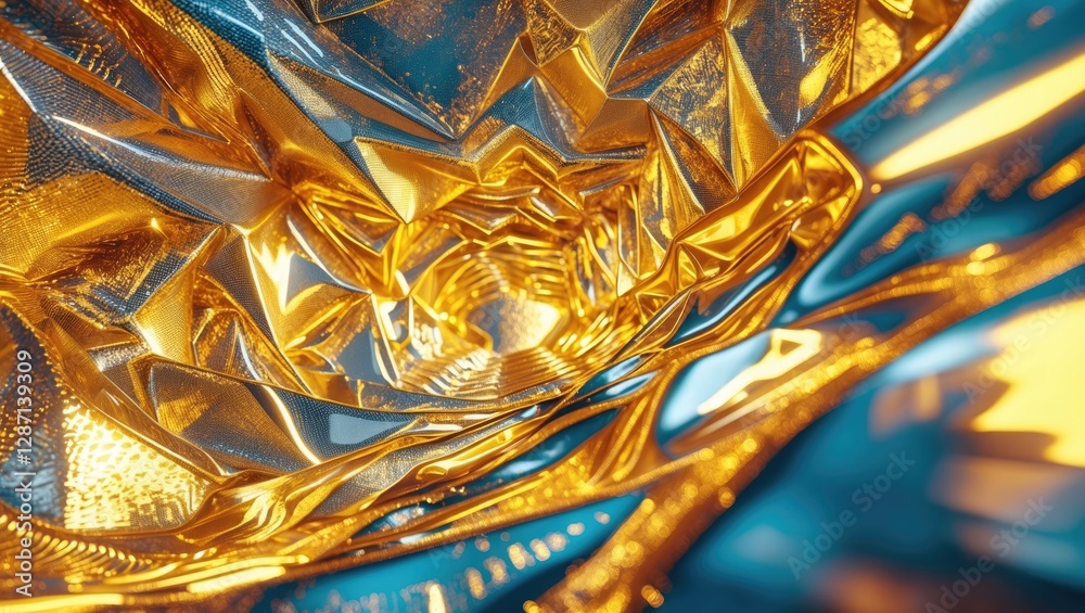 Poster Abstract metallic texture with golden and blue hues creating a dynamic swirling pattern in a high-resolution digital background design.