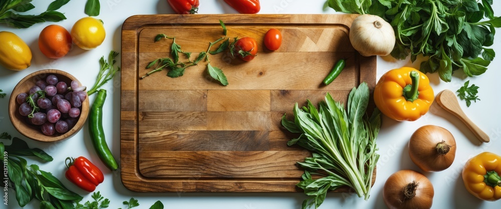 Poster wooden cutting board surrounded by fresh vegetables and herbs on a white surface with ample space fo