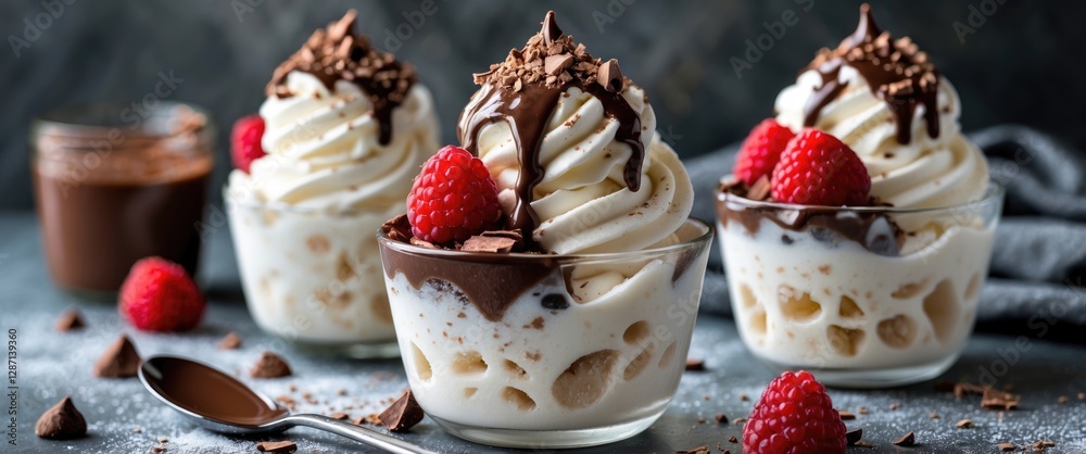 Aufkleber delicious ice cream sundae with chocolate sauce and fresh raspberries in elegant dessert glasses on 