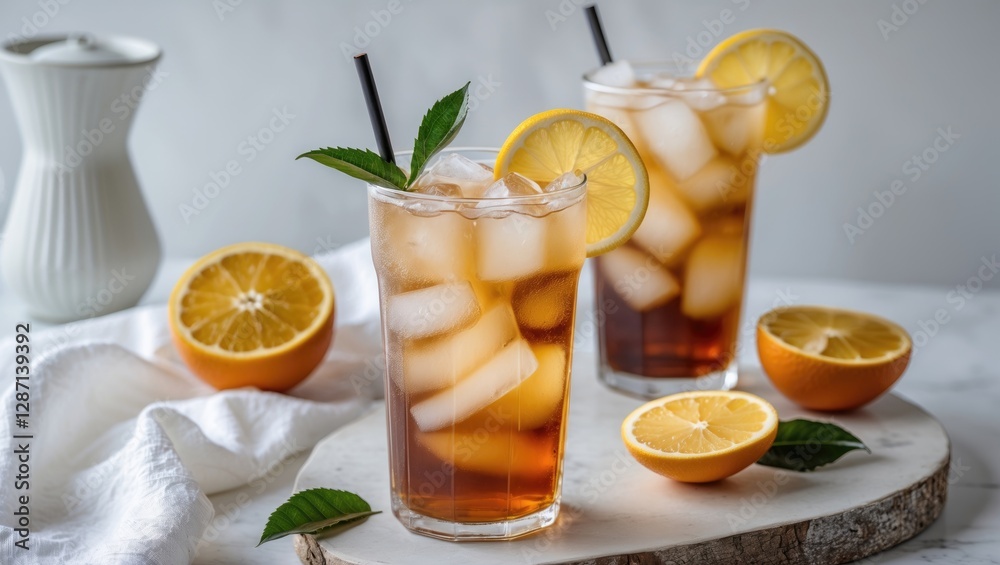Poster refreshing iced tea with lemon and fresh oranges on a marble surface