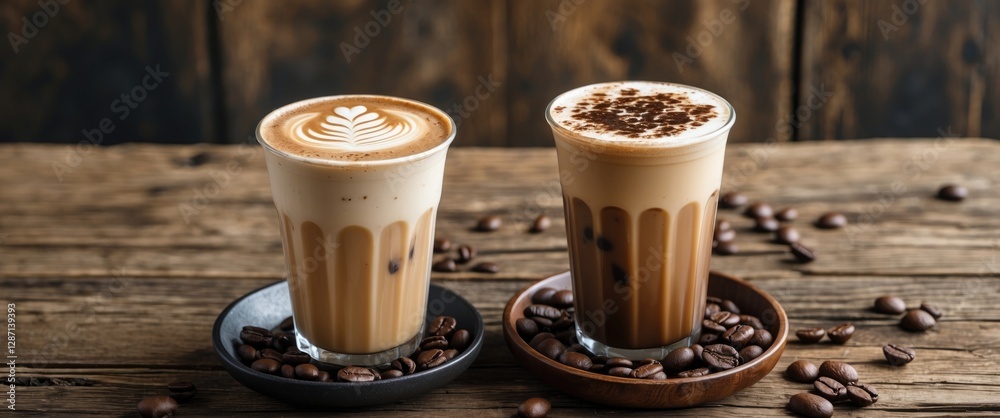 Poster iced coffee latte and mocha in glasses on wooden table with coffee beans and empty space for text de