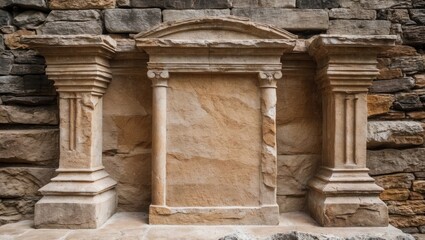 Fototapeta premium Detailed stone architecture with ornate columns and a central panel, showcasing ancient craftsmanship and warm limestone textures.