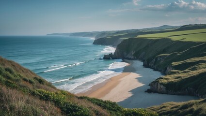 Fototapeta premium Coastal Serenity Captured A Scenic Overlook of Cliffs and Sandy Beach with Gentle Waves and Lush Greenery Under a Clear Blue Sky