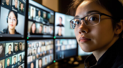 Focused woman in glasses observing multiple online video call screens for virtual conference interaction and communication