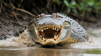 Obraz premium Close-up of powerful crocodile emerging from water, showcasing sharp teeth and rough scales in natural habitat near muddy riverbank