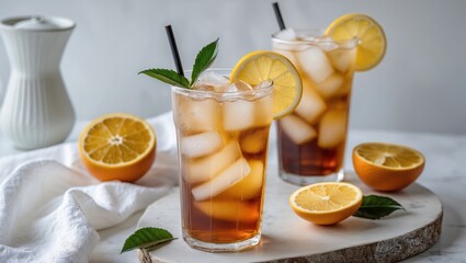 Fototapeta premium Refreshing Iced Tea with Lemon and Fresh Oranges on a Marble Surface