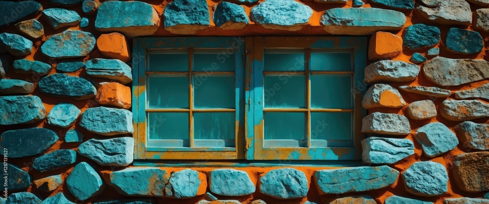 Poster charming rustic stone wall featuring an elegantly framed blue window as a focal point for architectu