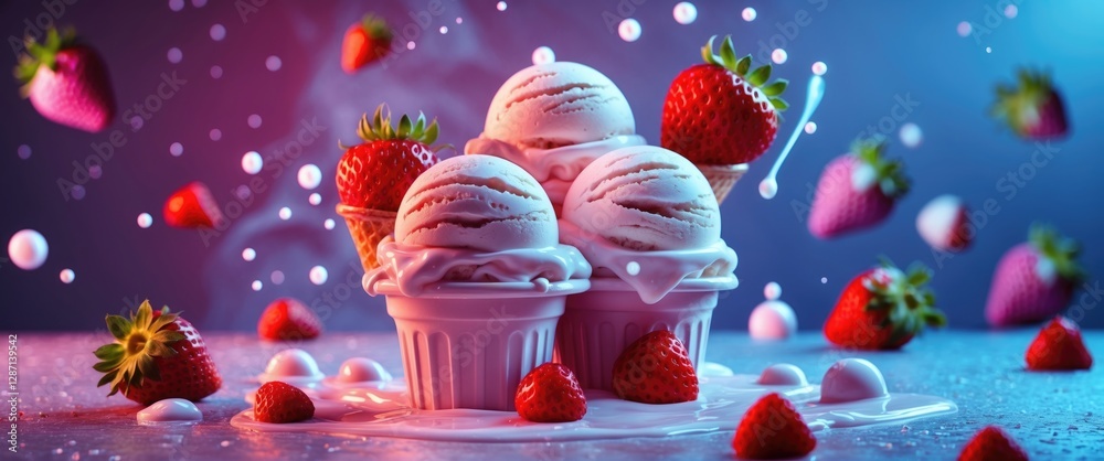 Aufkleber Delicious ice cream with strawberry backdrop and vibrant splashes creating a playful scene with space for promotional text.
