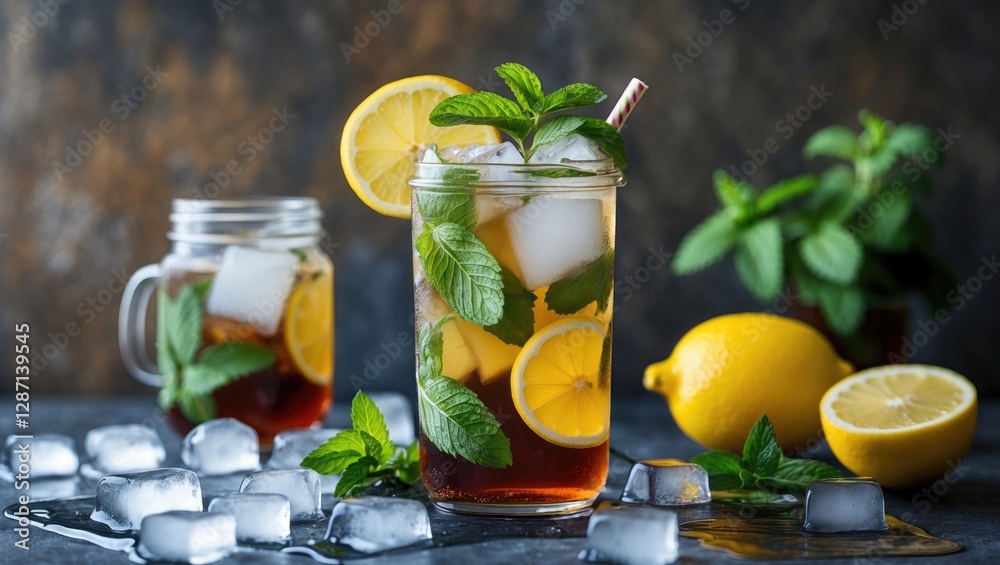 Poster refreshing iced tea with lemon and mint garnish served in mason jars perfect for summer refreshment 