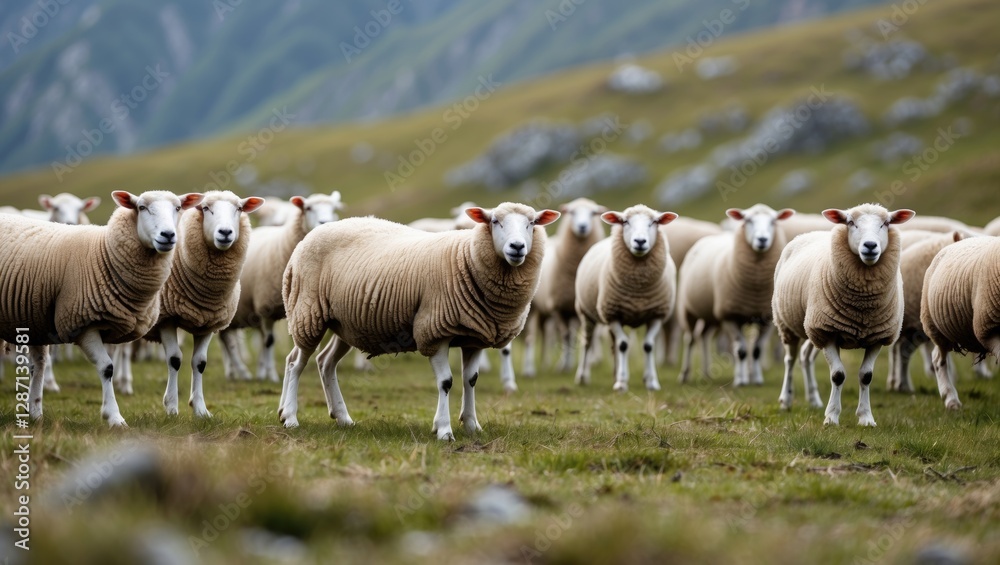 Aufkleber flock of sheep grazing on lush mountain pasture with scenic green hills in the background during a b