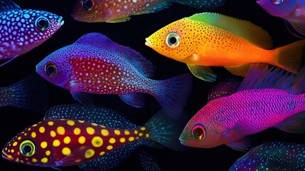 Colorful high resolution study showing evolutionary variation of early fish specie contrasting vibrant colors specialized evolutionary traits detailed patterns illuminated adaptive scientific lighting
