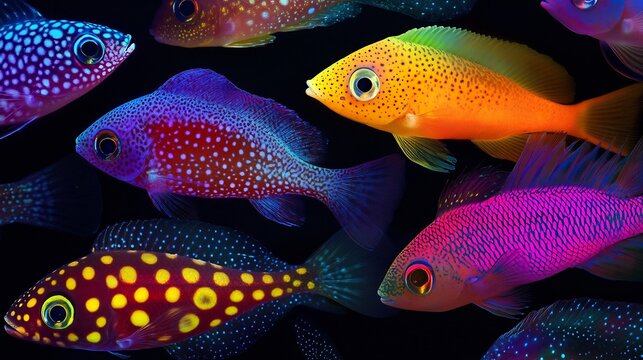 Colorful high resolution study showing evolutionary variation of early fish specie contrasting vibrant colors specialized evolutionary traits detailed patterns illuminated adaptive scientific lighting