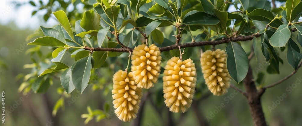 Poster Honey locust Gleditsia triacanthos tree with distinctive yellow seed pods hanging from branches in a lush green setting.