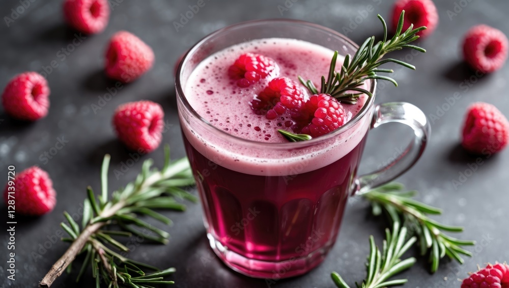 Aufkleber Refreshing Raspberry Rosemary Drink Close-Up with a Soft Focus Background and Space for Text or Branding
