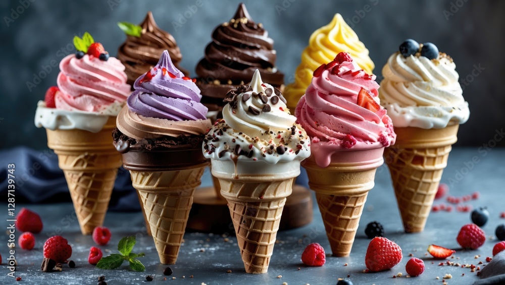 Poster delicious ice cream cones displayed with assorted flavors and colorful toppings for a tempting desse