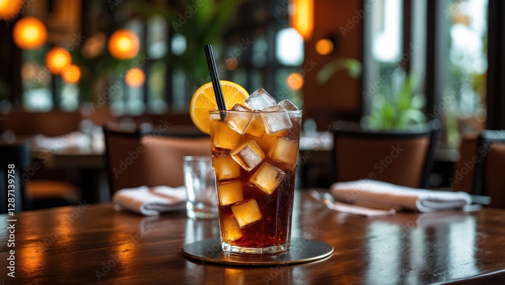 Poster refreshing iced tea with ice cubes and lemon slice in elegant restaurant setting