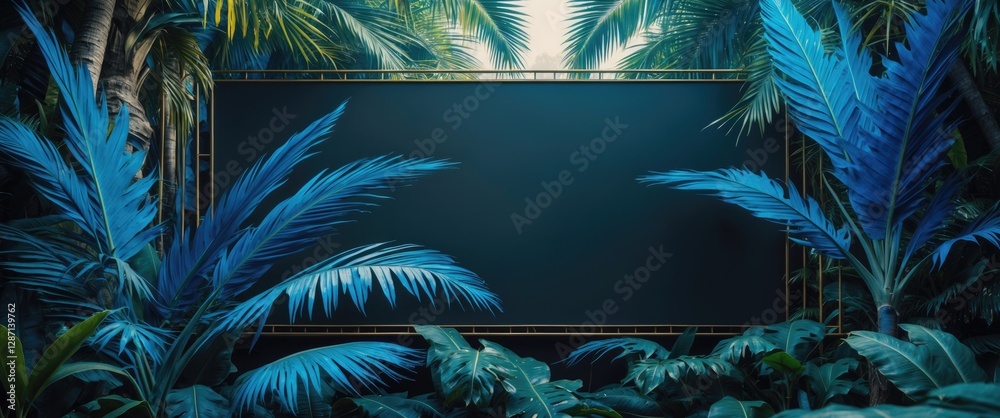 Poster tropical jungle banner featuring blue palm leaves with dark copy space for versatile web design appl
