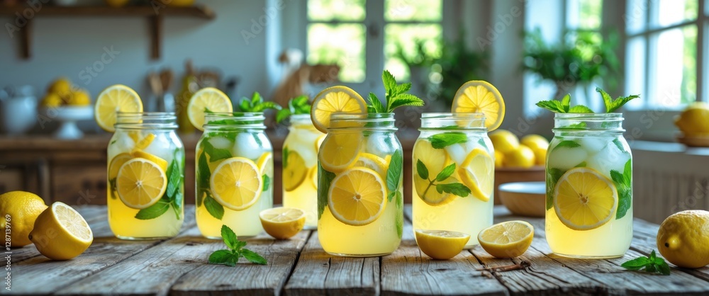 Aufkleber Refreshing Lemonade Jars with Mint and Lemon Slices on a Rustic Table in a Bright Kitchen Setting