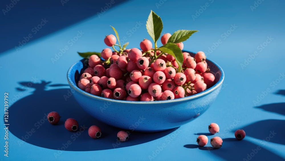 Aufkleber Honeysuckle berries in a vibrant blue bowl with lush leaves against a matching background creating a stunning visual harmony.