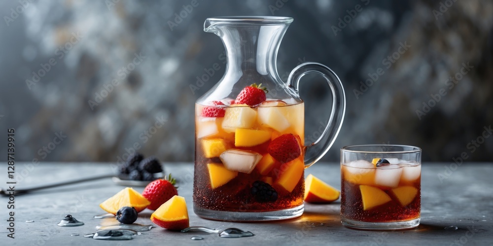 Poster Refreshing Iced Tea with Fresh Fruit in a Glass Decanter and Cup Surrounded by Empty Space for Custom Text or Branding