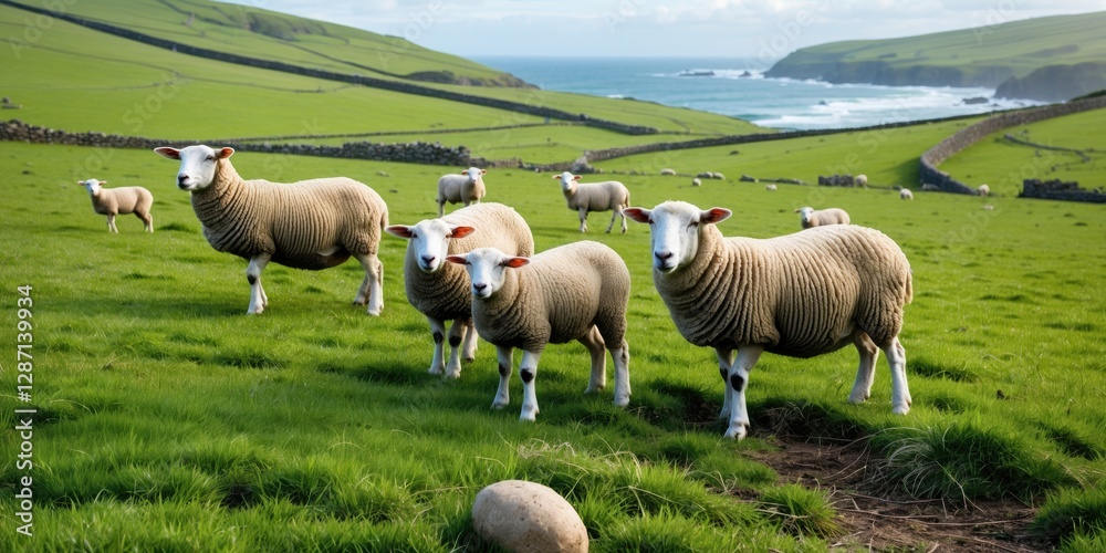 Poster Scenic Countryside View with Sheep and Lambs Grazing on Lush Green Fields Overlooking the Ocean and Rolling Hills with Copy Space for Text