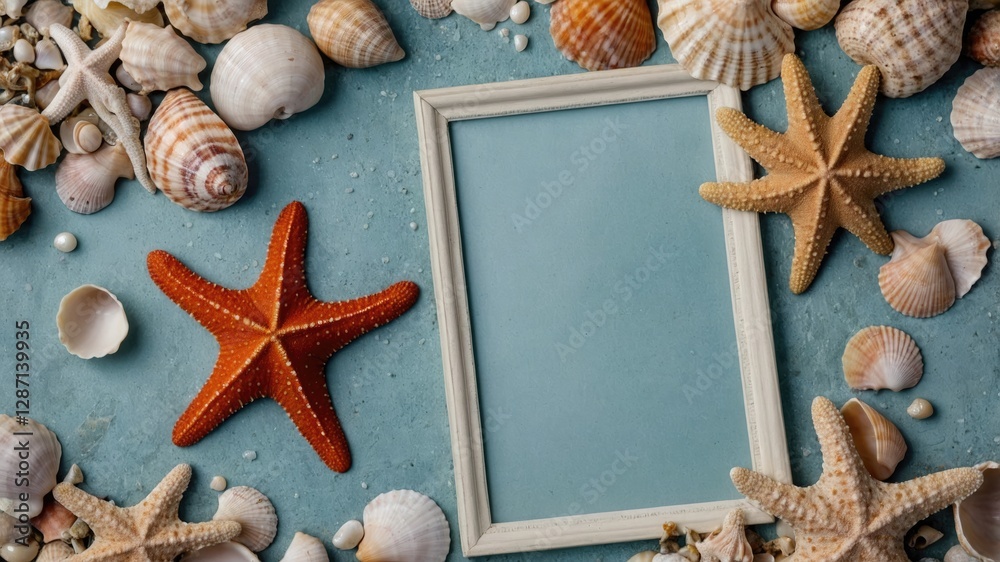 Aufkleber starfish and seashells arranged around empty frame on blue background for coastal-themed decoration 
