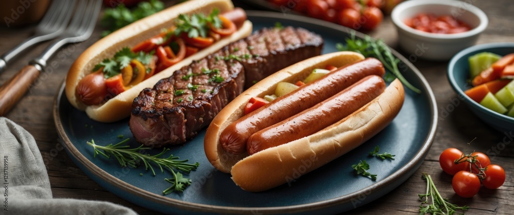 Poster Assorted Hot Dogs and Grilled Steak on Plate With Fresh Vegetables and Empty Space for Text in Rustic Setting