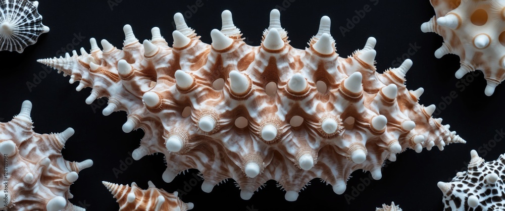 Leinwandbilder intricate spiny murex seashell arrangement on black background with room for text integration