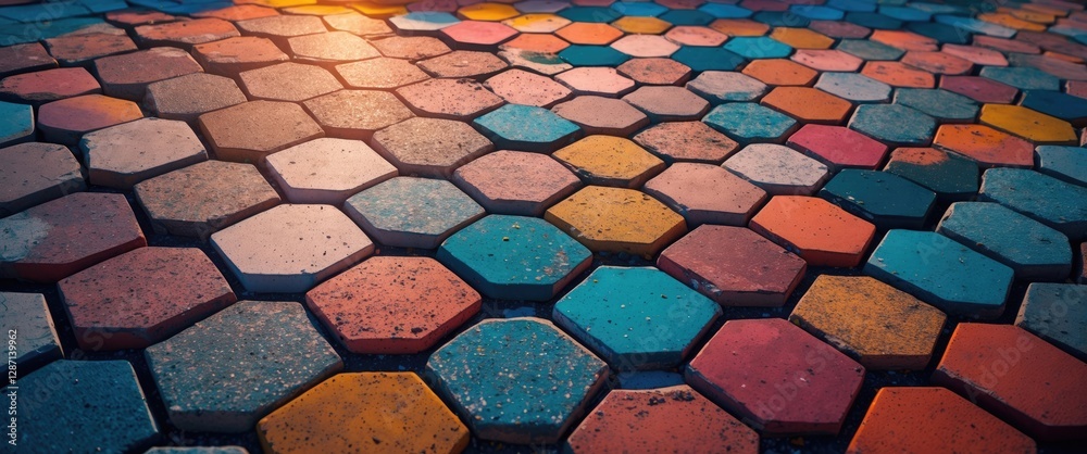 Poster Colorful hexagonal block paving floor texture with vibrant hues and weathered surfaces illuminated by warm sunlight. Ideal for design backgrounds.
