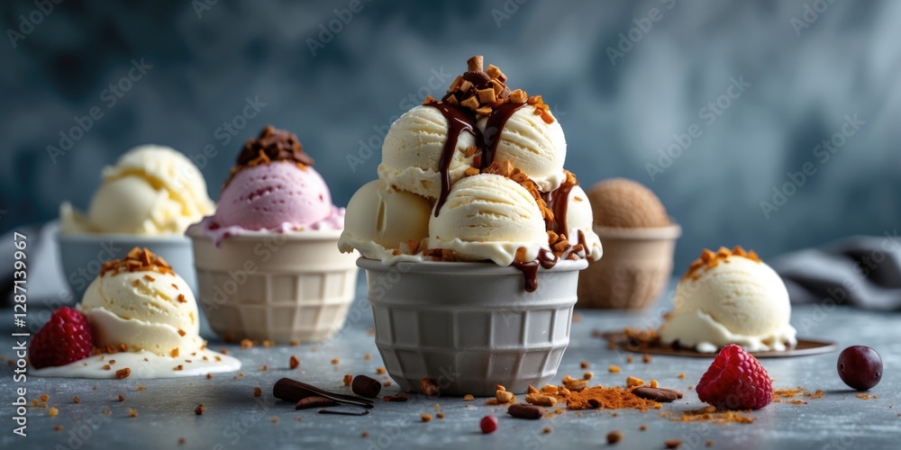 Poster Delicious ice cream sundaes topped with nuts chocolate and berries on a rustic table with space for text or branding elements.