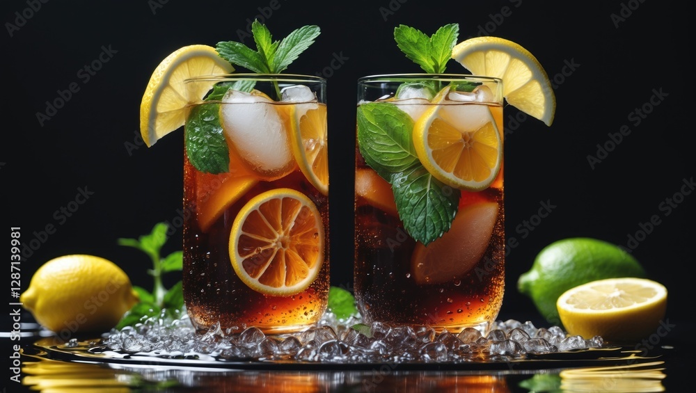 Poster Refreshing Iced Tea with Lemon and Mint in Glasses on Black Background with Ice and Copy Space for Text