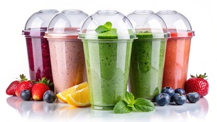 Assorted Smoothies in Plastic Cups on White Background
