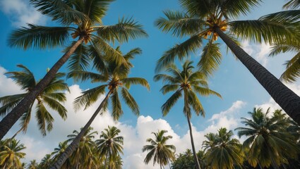 Majestic view of tall coconut palms against blue sky with fluffy clouds creating a serene tropical atmosphere.
