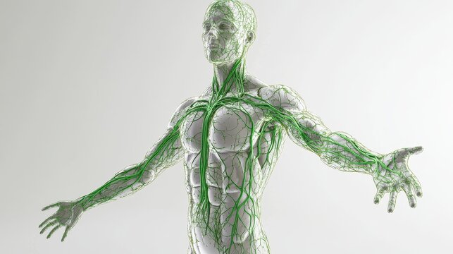 Comprehensive 3D illustration of human lymphatic system, isolated on white background. 