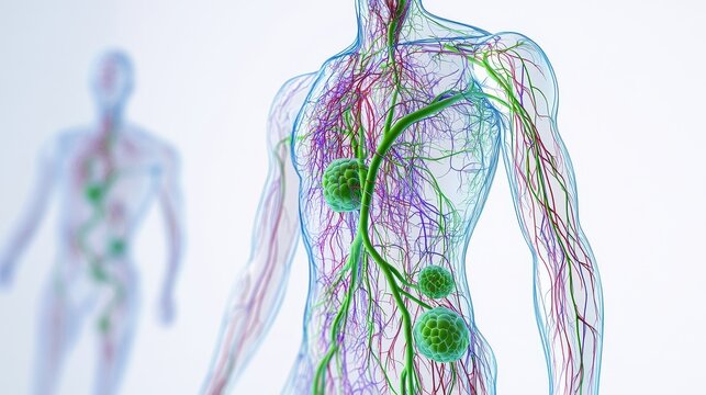 Comprehensive 3D illustration of human lymphatic system, isolated on white background. 