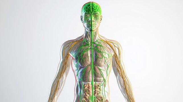 Comprehensive 3D illustration of human lymphatic system, isolated on white background. 