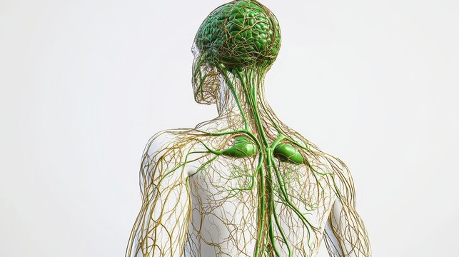 Comprehensive 3D illustration of human lymphatic system, isolated on white background. 