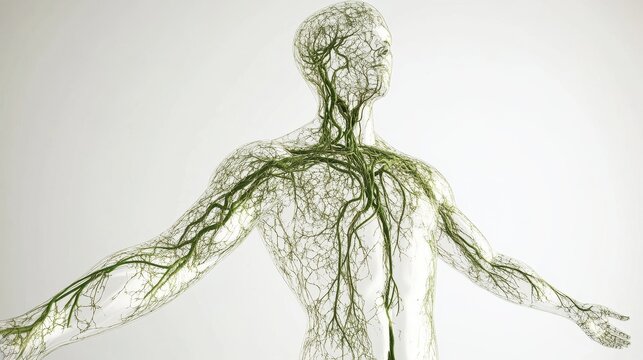 Comprehensive 3D illustration of human lymphatic system, isolated on white background. 