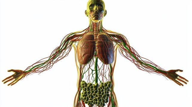 Comprehensive 3D illustration of human lymphatic system, isolated on white background. 