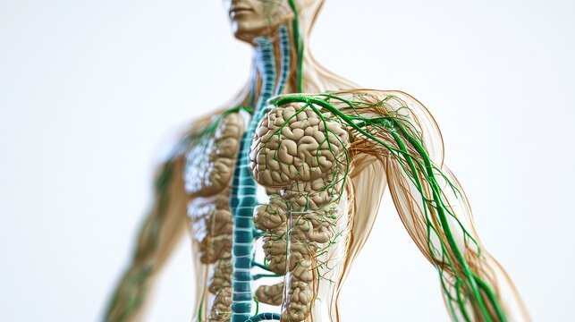 Comprehensive 3D illustration of human lymphatic system, isolated on white background. 